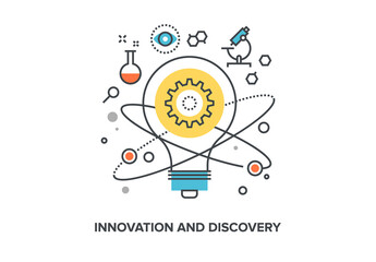 Vector illustration of innovation and discovery flat line design concept.