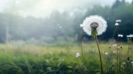 A dandelion in seed phase with its fluff becoming a thick fog over a meadow.