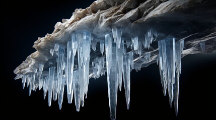 A crystal clear icicle with its tip merging into the stalactites of a cavern.