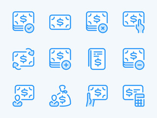 Fototapeta na wymiar Money, Dollar and Finance vector line icons. Cash and Payment outline icon set. Exchange, Cost calculation, Personal expenses, Savings, Financial report and more.