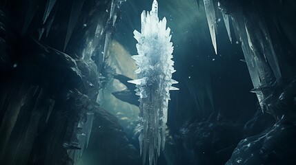 A crystal clear icicle with its tip merging into the stalactites of a cavern. - obrazy, fototapety, plakaty