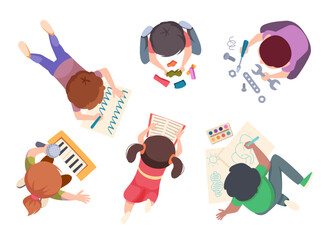 Kids top view. Boys and girls drawing reading writing at paper sitting on floor exact vector cartoon little people