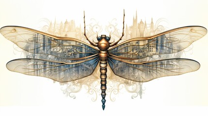 A delicate dragonfly with wings that reflect a detailed city map.