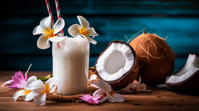 Cocktail with coconut. Still life with an alcoholic cocktail with drinking straws, coconuts and flowers. A refreshing drink