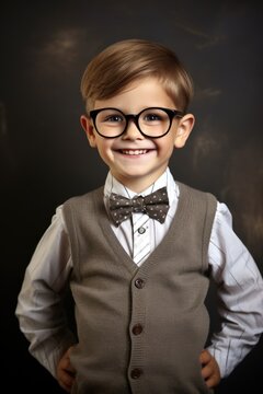 Portrait of little boy dressed as senior teacher in front of blackboard