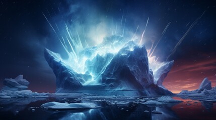 A fiery explosion of a supernova contrasted with the cold, blue hue of an iceberg.