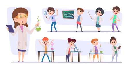 Little scientists. Chemical laboratory kids making experiments holding tubes exact vector cartoon people