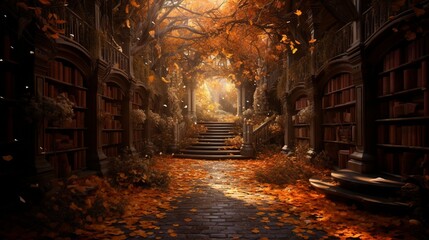 A forest path covered in fallen leaves becoming the aisles of a grand library filled with books. - Powered by Adobe