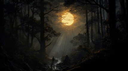 A full moon illuminating a dense forest, the light creating shadows within shadows.