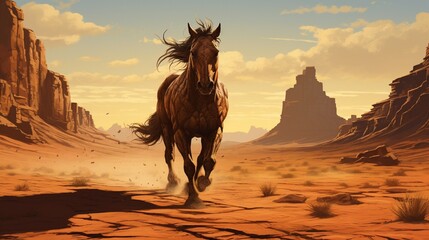 A galloping horse merged with the arid landscape of a desert at high noon.