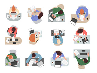 Managers top view. Business people in action poses sitting recent vector cartoon persons