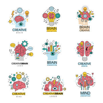 Creative brain. Logo or badges design with pictures of brains recent vector illustrations set