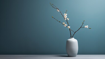  a white vase filled with white flowers on top of a wooden table with a blue wall in the back ground.  generative ai