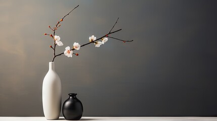  a couple of vases sitting on top of a table next to a white vase with flowers in it and a black vase with white flowers in it.  generative ai