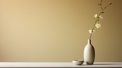  a white vase with a flower in it sitting on a table next to a white cup and a brown wall.  generative ai
