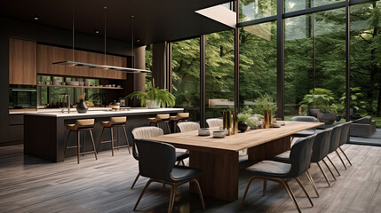 Fototapeta na wymiar A large kitchen with contemporary interior design. beauty of a wooden table and chic chairs that give the home character. AI generative.