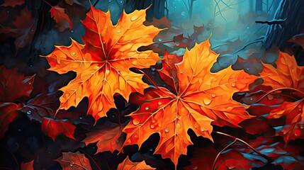  a painting of a bunch of leaves with drops of water on them in the middle of a painting of a forest.  generative ai