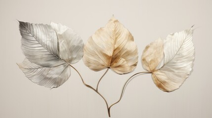  a group of three leaves sitting on top of a white table next to a vase with a plant in it.  generative ai