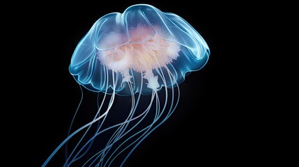 Fototapeta premium a close up of a jellyfish in the water with its head turned to look like it is floating in the air. generative ai