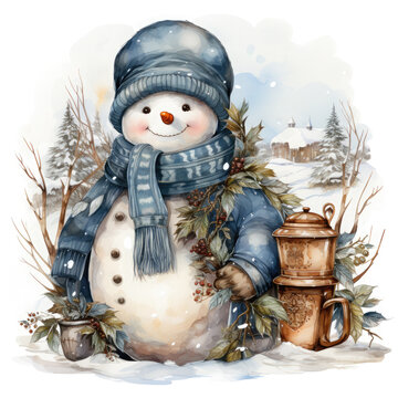Watercolor Cozy Snowman Sublimation illustration Generative Ai