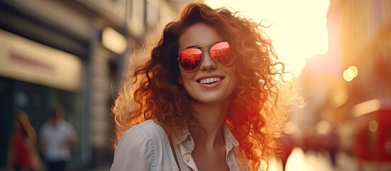 A casual girl with a vibrant smile and a colorful face strolls through the city streets embodying the concept of summer fashion as she embraces the outdoor travel experience during sunset ca - obrazy, fototapety, plakaty