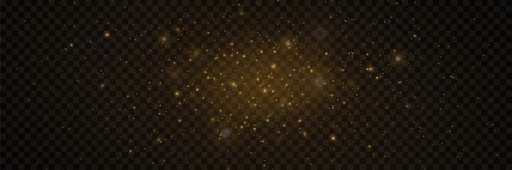 Yellow dust. Beautiful light flashes. Dust particles fly in space. Bokeh effect. On a transparent background.
