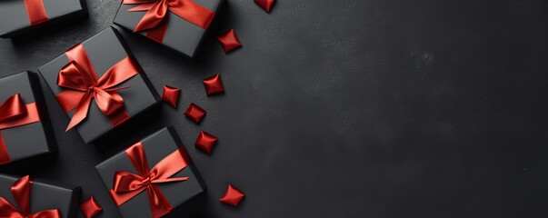 Black Friday. Top view of black christmas boxes with red ribbon on black and white paper background with copy space for text