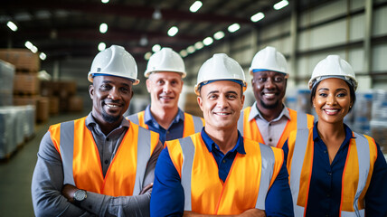 Portrait group of multicultural industry workers working in factory warehouse.