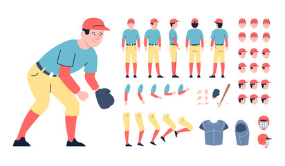 Baseball character animation body parts. Athletic man with glove and bat, front, back and side view. Emotional faces, sport recent vector person