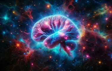 A brain-shaped nebula with cosmic rays as neural pathways against a starry sky with neon pink and blue hues.