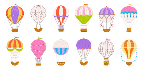Hot air balloons cartoon elements. Vintage airships, flying adventures and retro style transportation. Isolated transport for sky travel, racy vector clipart