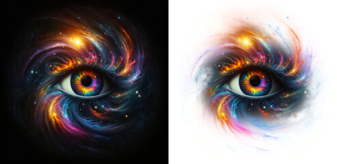 A cosmic eye with galaxy swirls and stardust, vivid colors, symbolizing vision beyond the visible.  isolated against black and alpha backdrop for easy overlay..