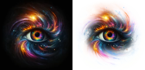 Foto op Aluminium A cosmic eye with galaxy swirls and stardust, vivid colors, symbolizing vision beyond the visible.  isolated against black and alpha backdrop for easy overlay.. © Quardia Inc.