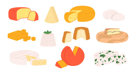 Flat cheese set. Various dairy products, fresh cheese plate for wine. Mozzarella and gouda, delicious elite food for party or dinner, racy vector clipart