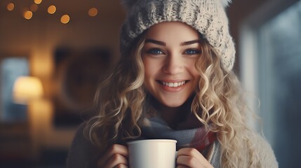 Portrait photography of a happy girl in the morning with hot a cup of coffe during the winter 
