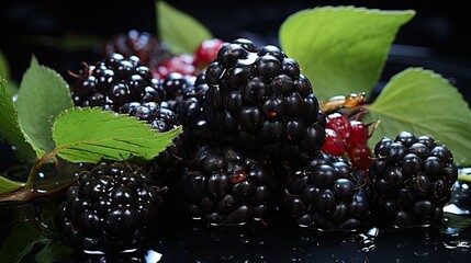  a bunch of blackberries and raspberries with leaves on a black surface with water droplets on the surface.  generative ai