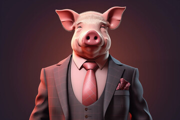 A Stylised Illustration of a Greedy Pig Who Works in the City Finance Financial Sector Depicting an Evil Banker or Mob Boss on a Dark Background - obrazy, fototapety, plakaty
