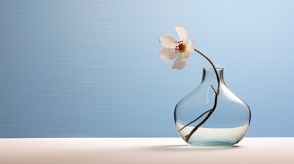 a single white flower in a glass vase on a white table with a blue wall in the backround.  generative ai