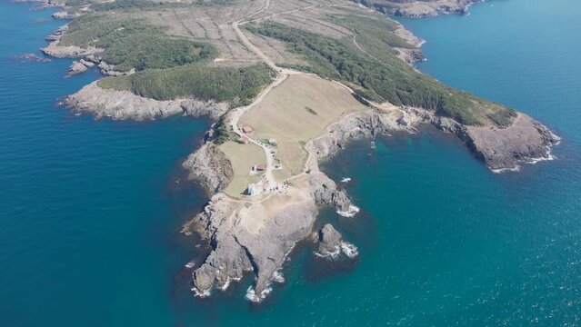 Inceburun Lighthouse in Sinop. Turkey. Inceburun is the northernmost point of the Turkey. Aerial shooting with drone.