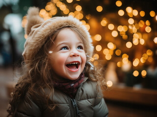 Little girl laughing on the street decorated with Christmas lights. Generative AI