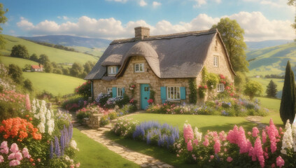 an idyllic image of a charming cottage nestled in a picturesque countryside, surrounded by blooming flowers and rolling hills - AI Generative