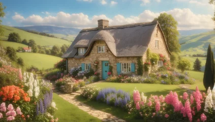 Fotobehang an idyllic image of a charming cottage nestled in a picturesque countryside, surrounded by blooming flowers and rolling hills - AI Generative © Being Imaginative