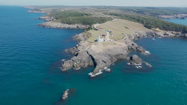 Inceburun Lighthouse in Sinop. Turkey. Inceburun is the northernmost point of the Turkey. Aerial shooting with drone.