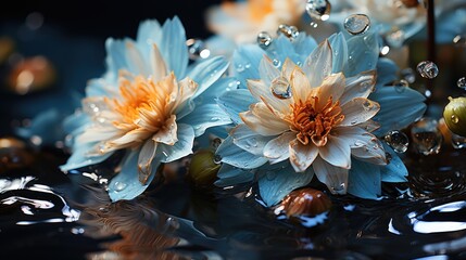  a group of water lilies floating on top of a body of water with drops of water on the petals.  generative ai