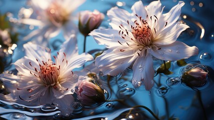  a group of white flowers floating on top of a blue body of water with drops of water on the bottom of the flowers.  generative ai