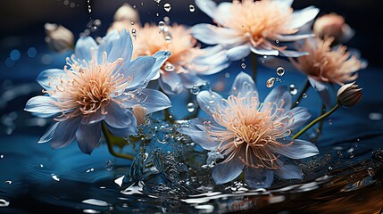  a group of water lilies floating in a pool of water with drops of water on the bottom of them.  generative ai