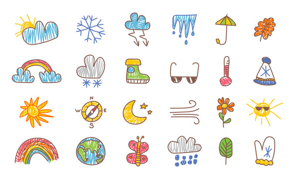 Kids drawing style weather icons. Pencil draw meteorology symbols, doodle sun, clouds, wind and snow. Earth planet and rainbow, classy vector clipart