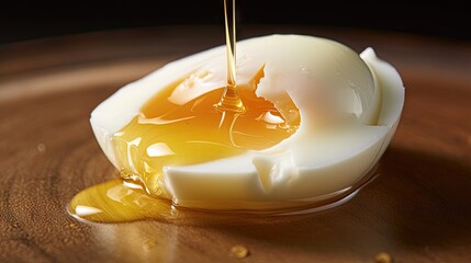 an open hard boiled egg sitting on top of a wooden table next to a drizzle of honey on top of it.  generative ai