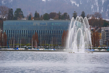 Fountain Aquaretum on Lake Zurich that is connected to a an earthquake station and the water sprays...