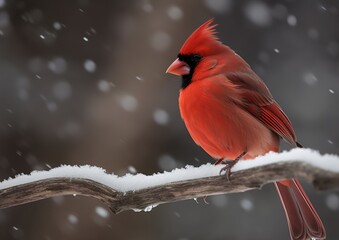 Side view of a lovely red cardinal perched on a snowy branch in snow. 